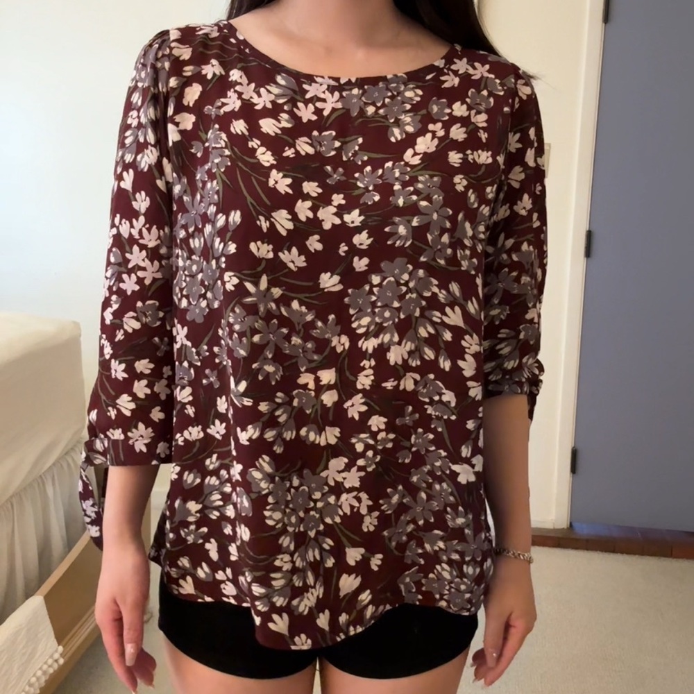 LOFT Maroon and Cream Floral Blouse